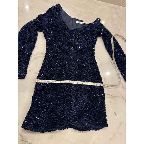 LUSH Blue Sequin One-Shoulder Bodycon Cocktail Dress Sparkly Party Mini Sz S - Picture 14 of 14